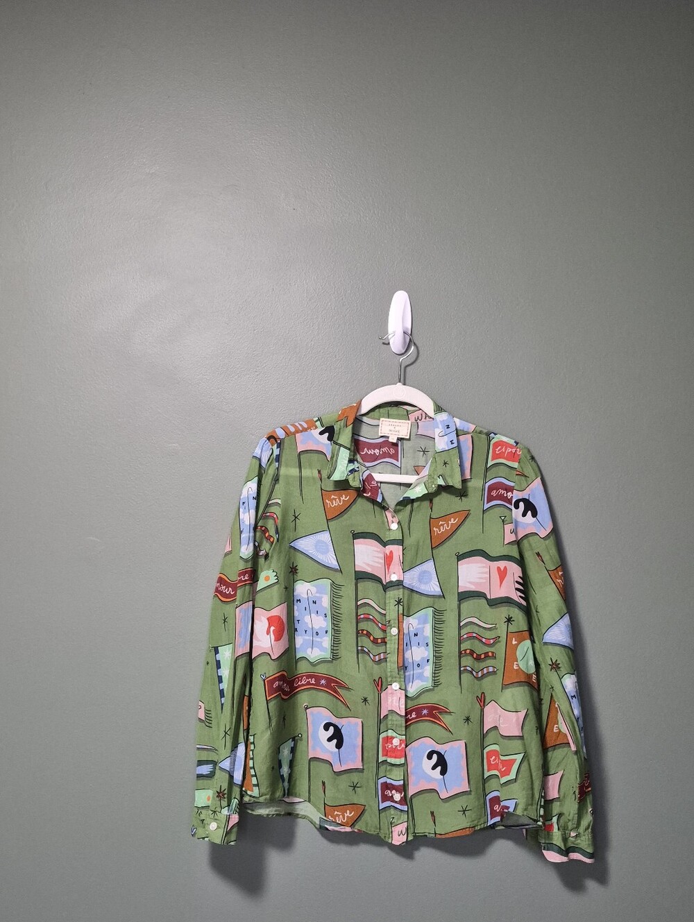 Sezane ×Pangea Pierro Shirt Green Flag Print 38 NWOT - Picture 4 of 8
